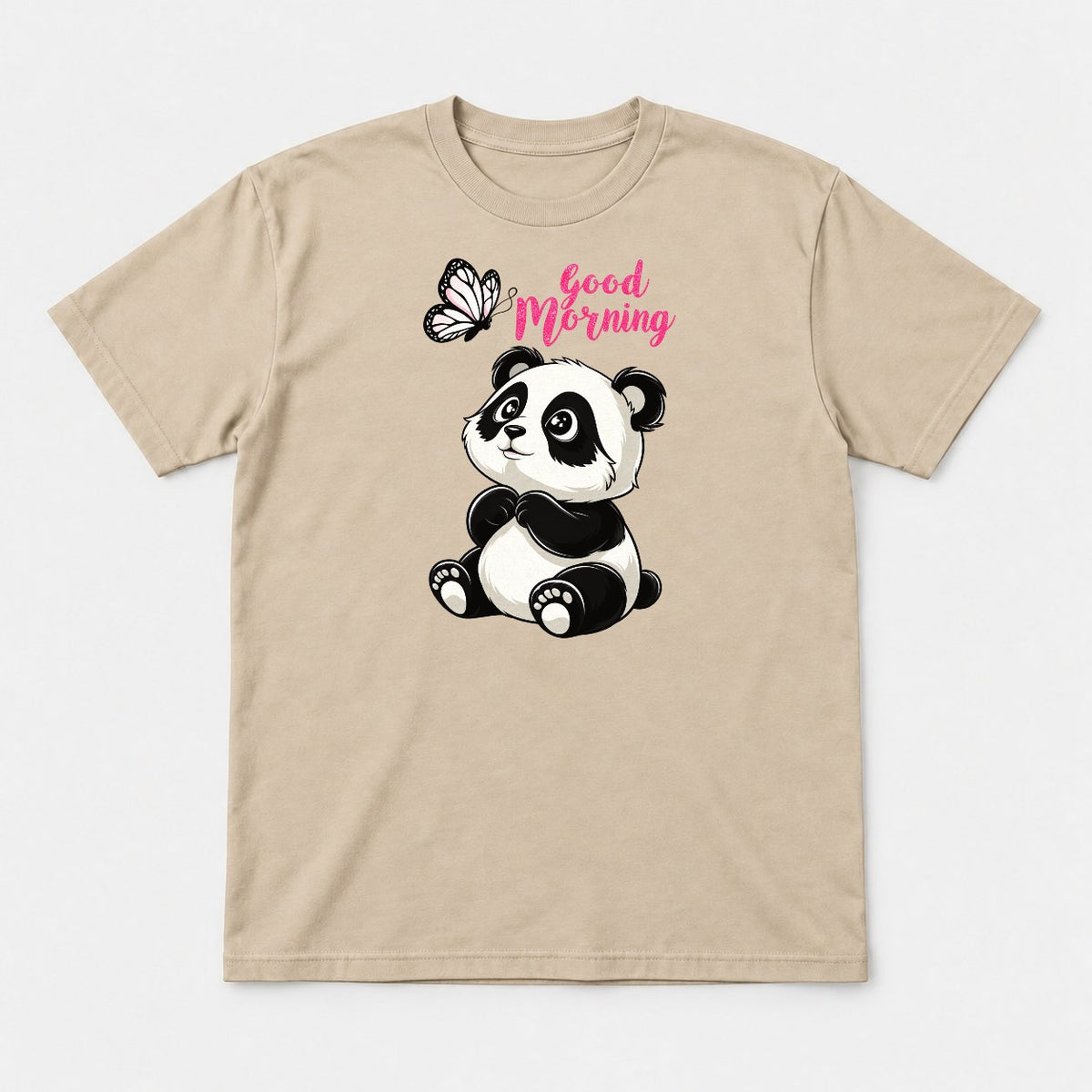Good Morning Cute Panda and Butterfly Graphic T-Shirt & Sweatshirt - Tshirt Sand Front