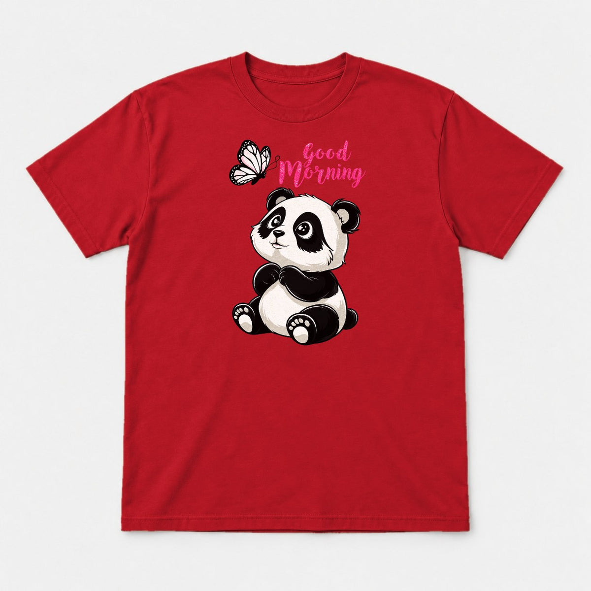 Good Morning Cute Panda and Butterfly Graphic T-Shirt & Sweatshirt - Tshirt Red Front