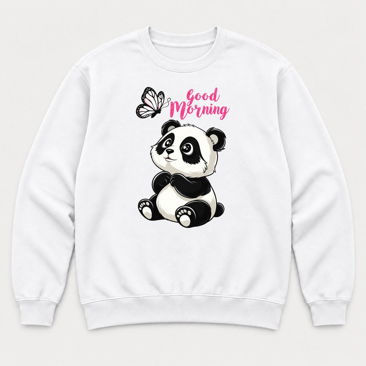 Good Morning Cute Panda and Butterfly Graphic T-Shirt & Sweatshirt - Sweatshirt White Front
