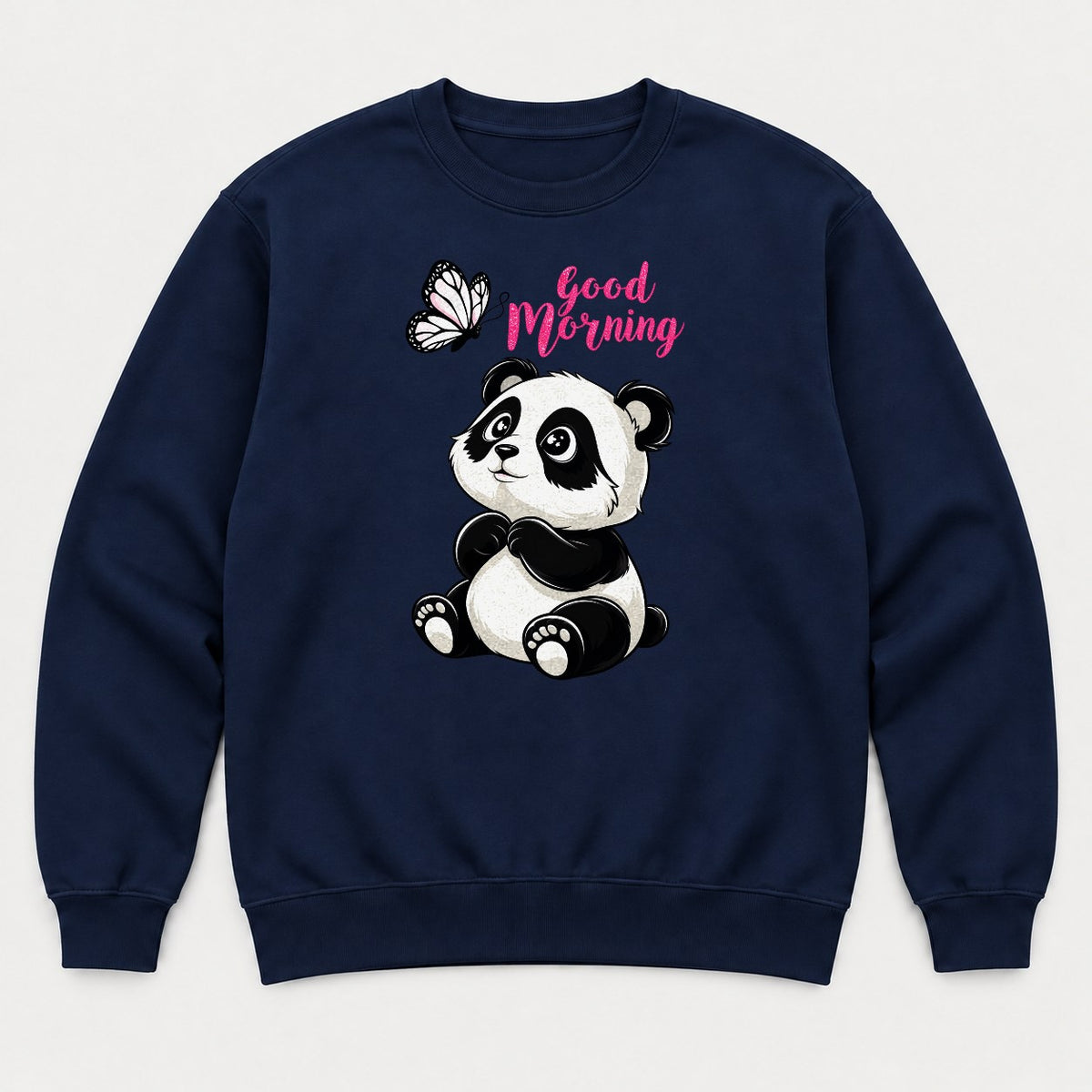 Good Morning Cute Panda and Butterfly Graphic T-Shirt & Sweatshirt - Sweatshirt Navy Front