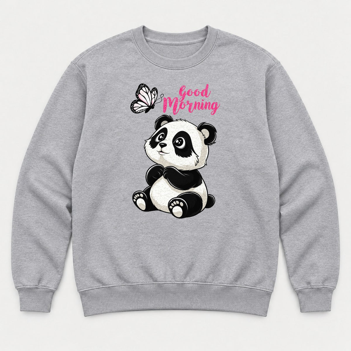 Good Morning Cute Panda and Butterfly Graphic T-Shirt & Sweatshirt - Sweatshirt Sport Grey Front