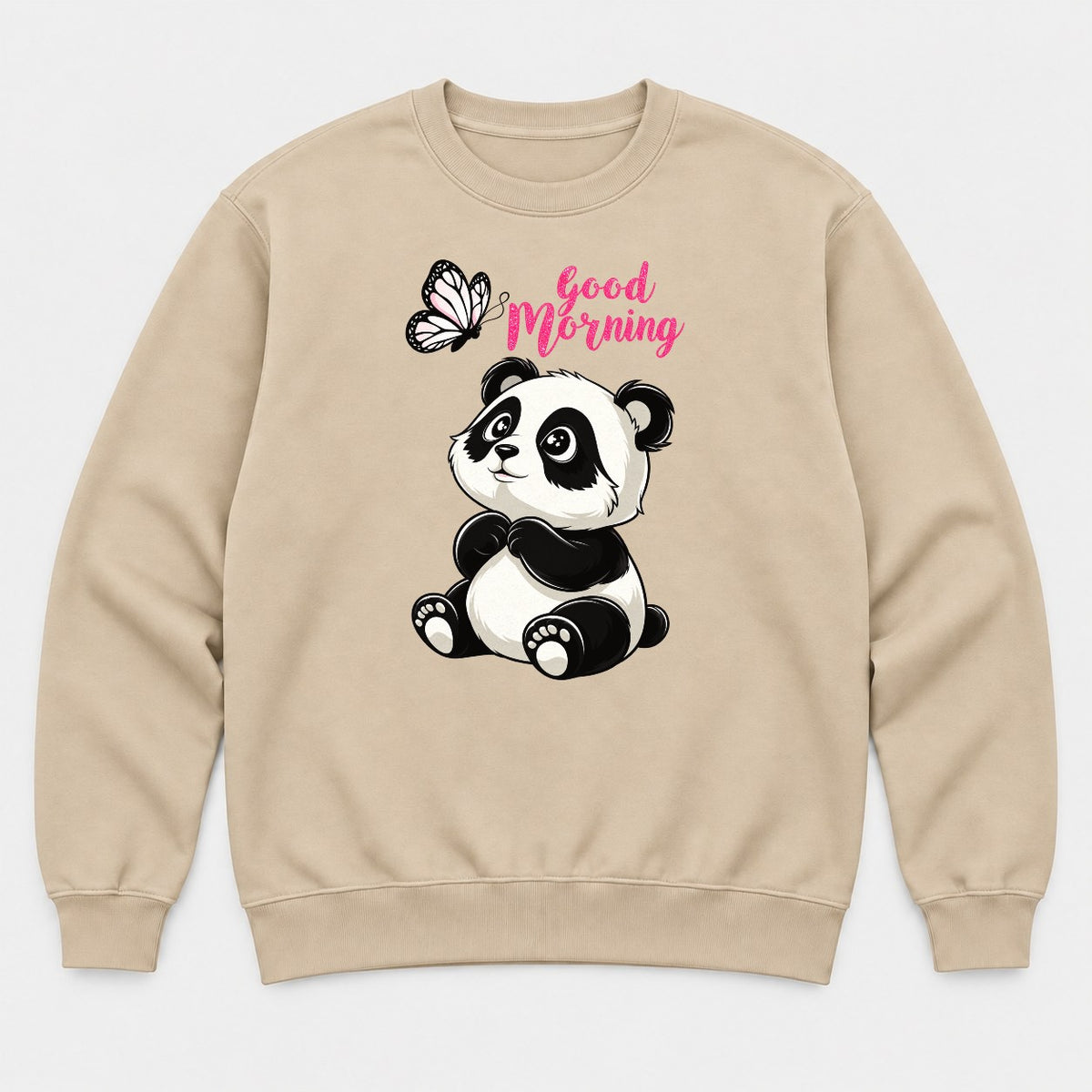 Good Morning Cute Panda and Butterfly Graphic T-Shirt & Sweatshirt - Sweatshirt Sand Front