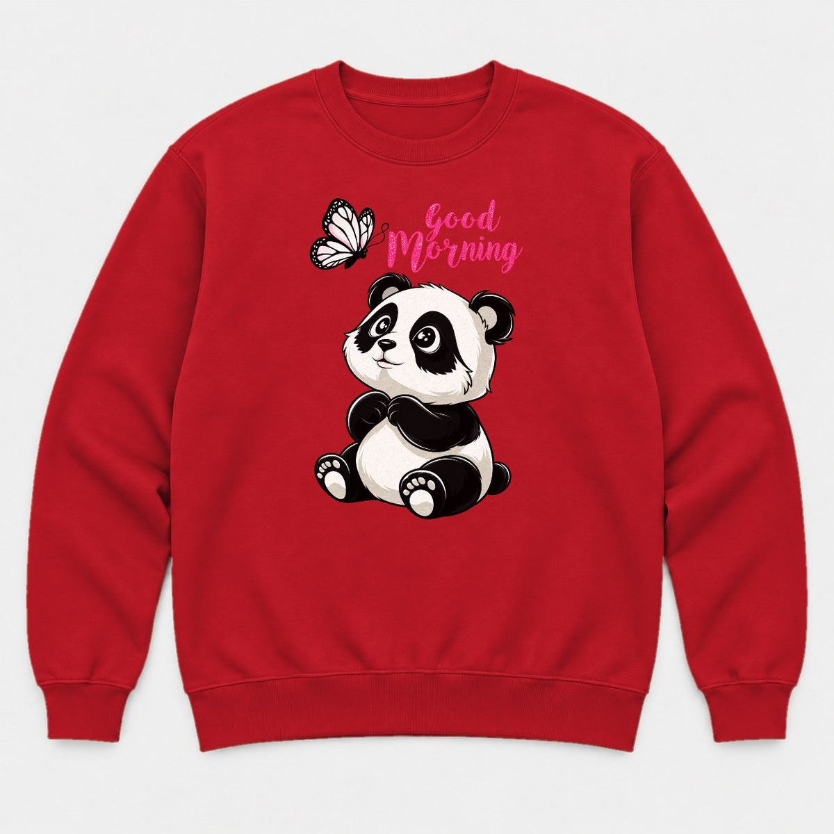 Good Morning Cute Panda and Butterfly Graphic T-Shirt & Sweatshirt - Sweatshirt Red Front