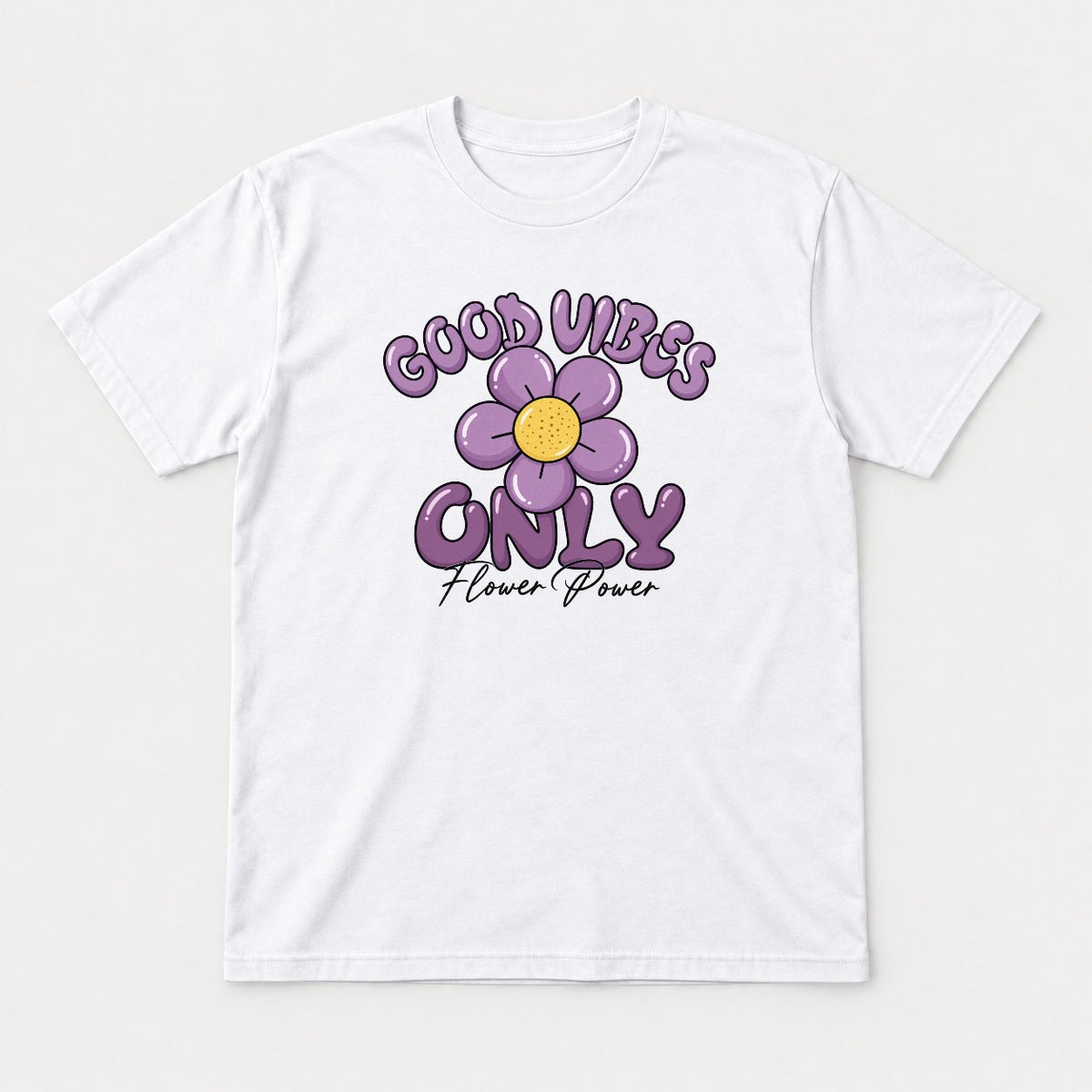 Good Vibes Only Flower Power Purple Daisy Graphic T-Shirt & Sweatshirt - Tshirt White Front