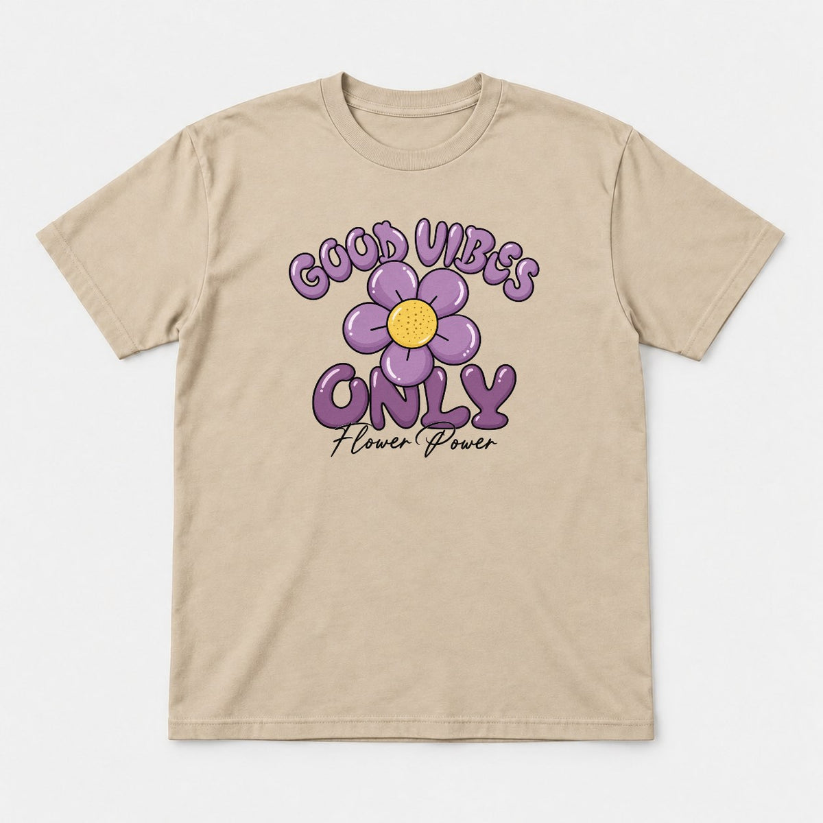 Good Vibes Only Flower Power Purple Daisy Graphic T-Shirt & Sweatshirt - Tshirt Sand Front
