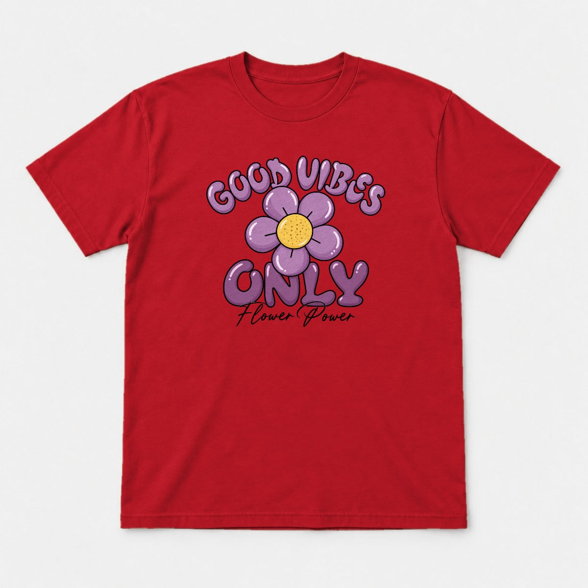 Good Vibes Only Flower Power Purple Daisy Graphic T-Shirt & Sweatshirt - Tshirt Red Front