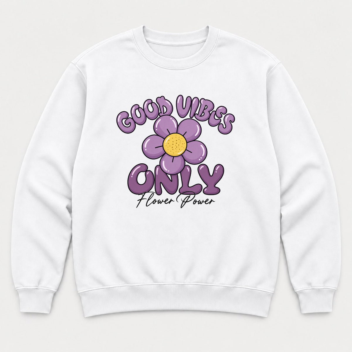 Good Vibes Only Flower Power Purple Daisy Graphic T-Shirt & Sweatshirt - Sweatshirt White Front