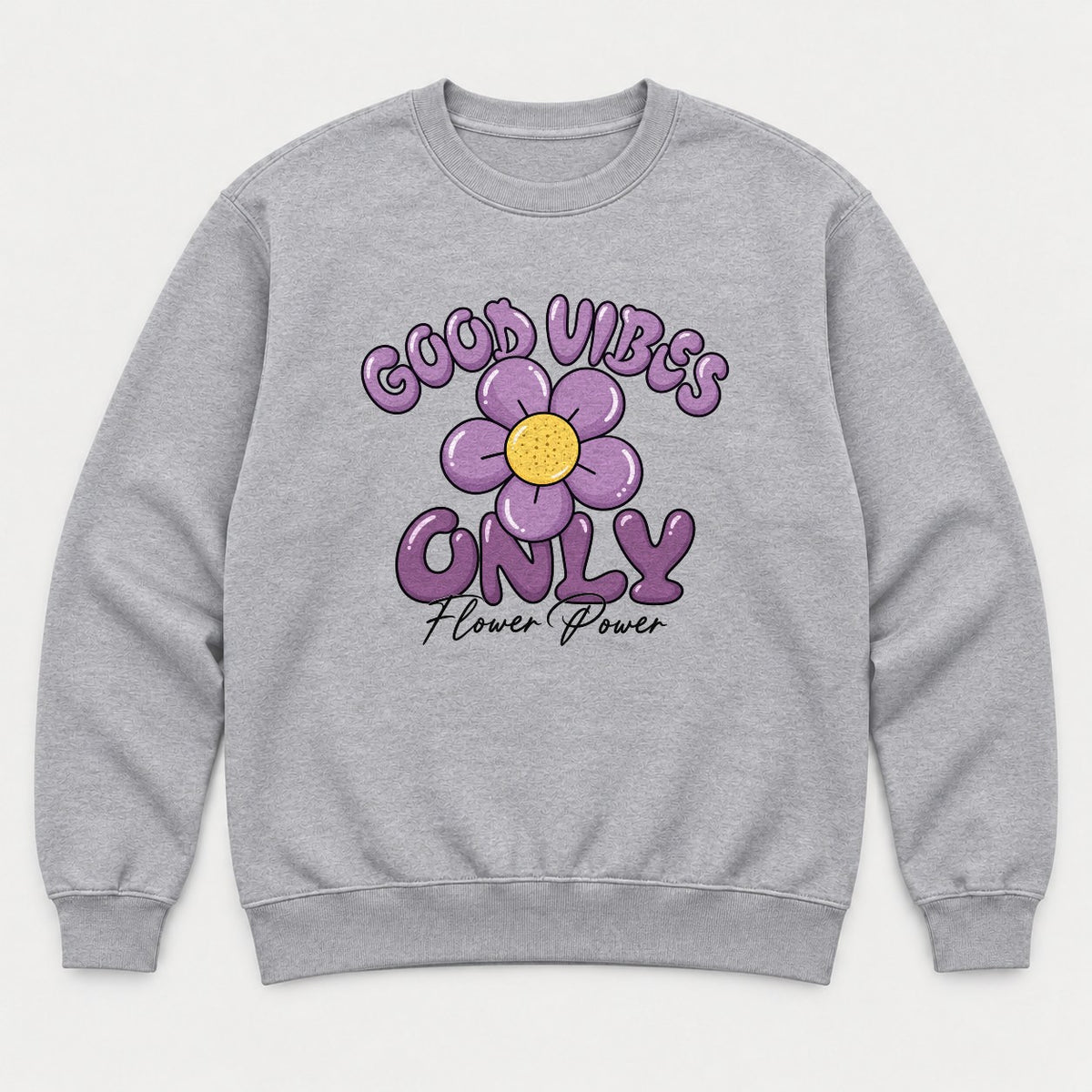 Good Vibes Only Flower Power Purple Daisy Graphic T-Shirt & Sweatshirt - Sweatshirt Sport Grey Front