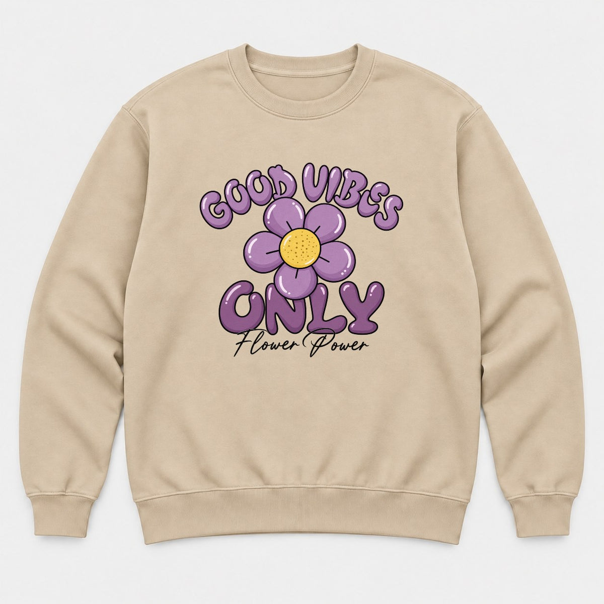 Good Vibes Only Flower Power Purple Daisy Graphic T-Shirt & Sweatshirt - Sweatshirt Sand Front