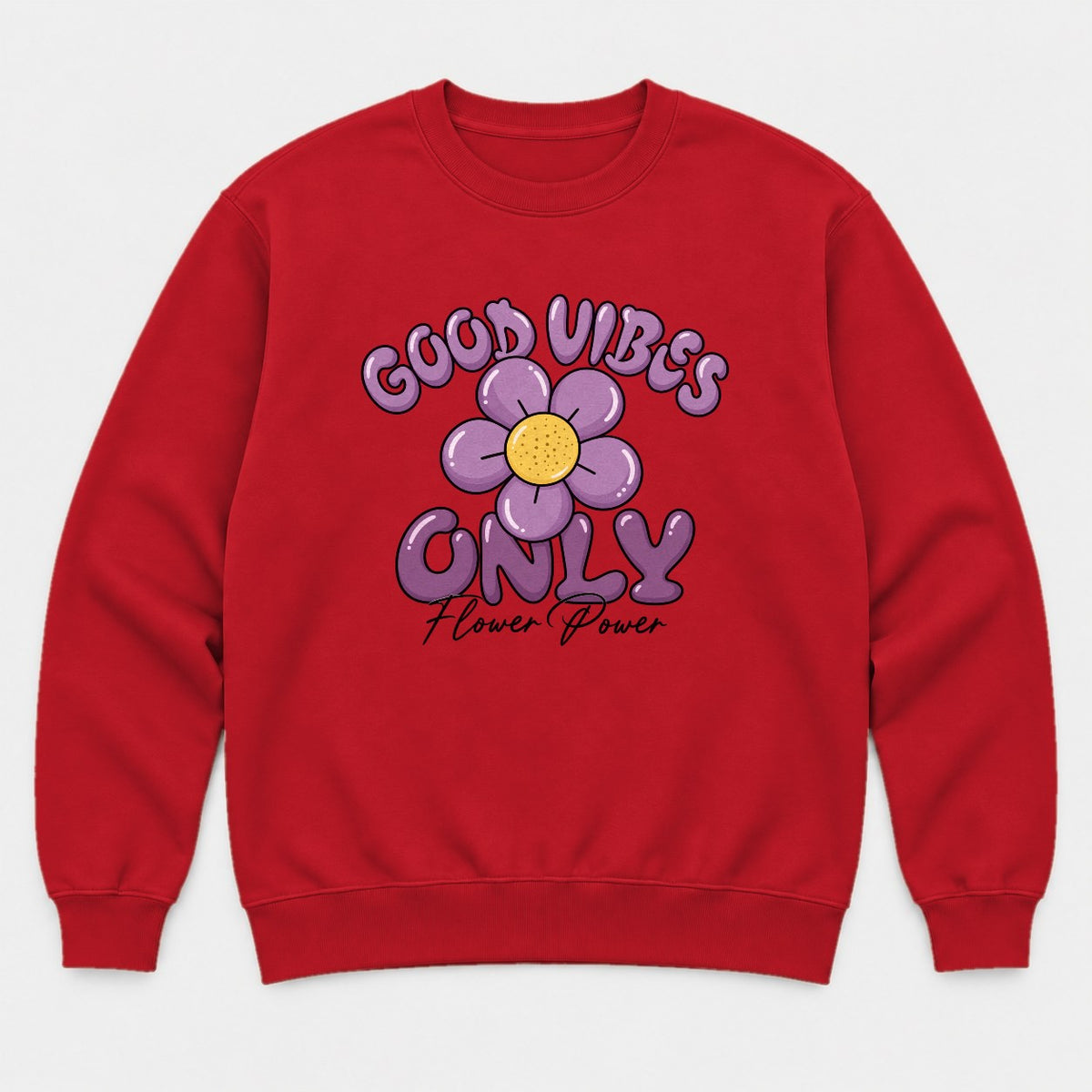 Good Vibes Only Flower Power Purple Daisy Graphic T-Shirt & Sweatshirt - Sweatshirt Red Front