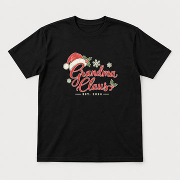 Grandma Claus Santa Hat Holly Christmas Graphic T-Shirt & Sweatshirt - Tshirt Black Front