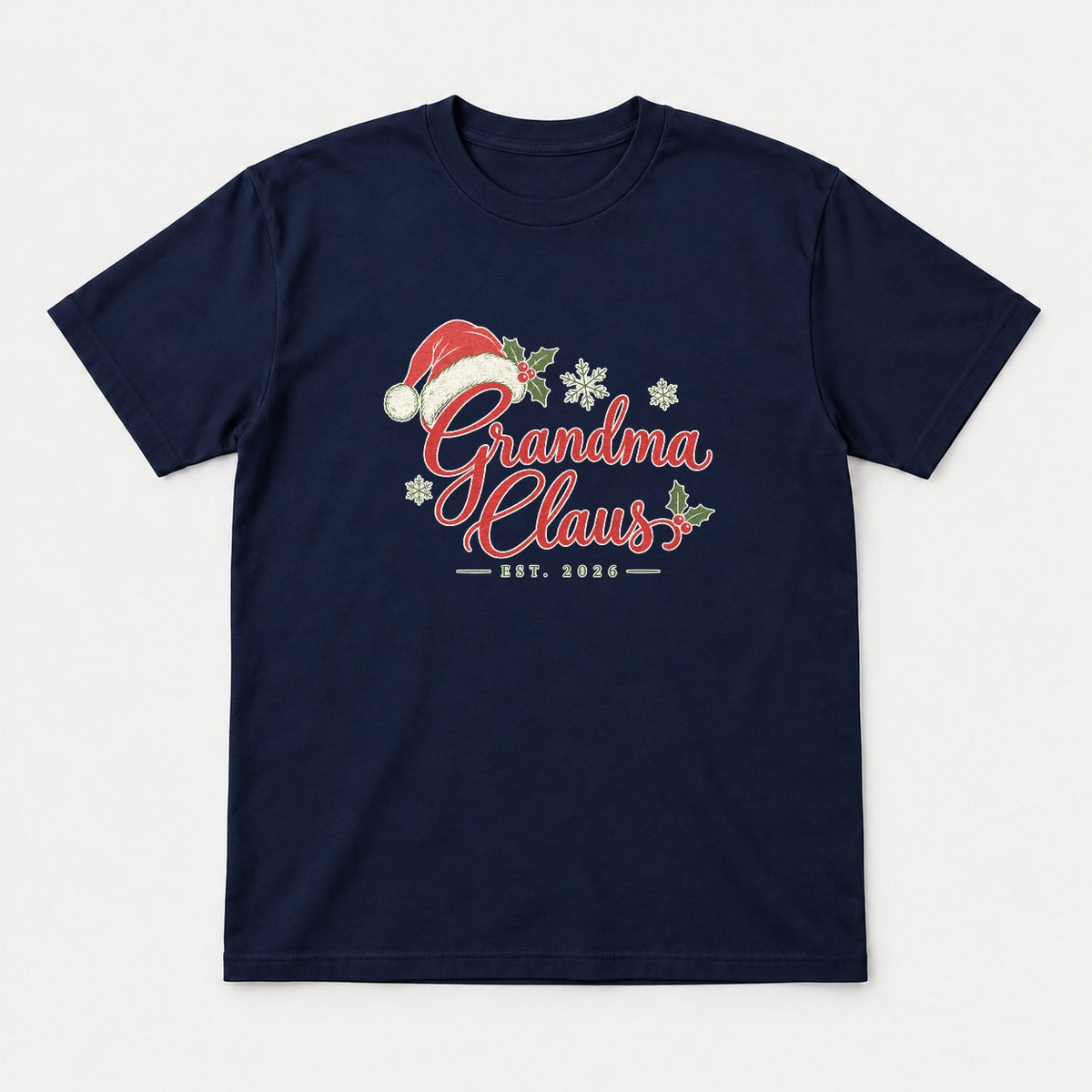 Grandma Claus Santa Hat Holly Christmas Graphic T-Shirt & Sweatshirt - Tshirt Navy Front