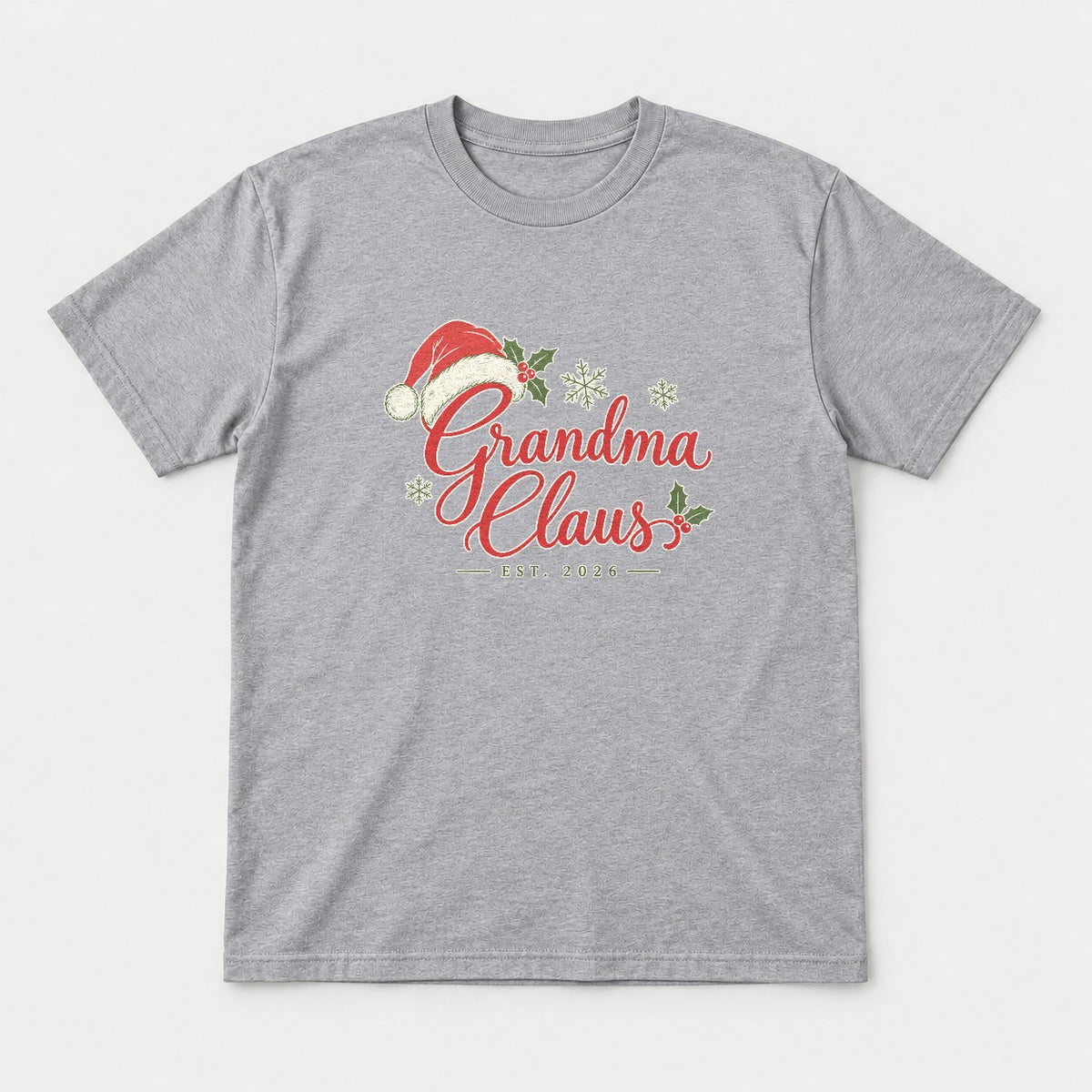 Grandma Claus Santa Hat Holly Christmas Graphic T-Shirt & Sweatshirt - Tshirt Sport Grey Front