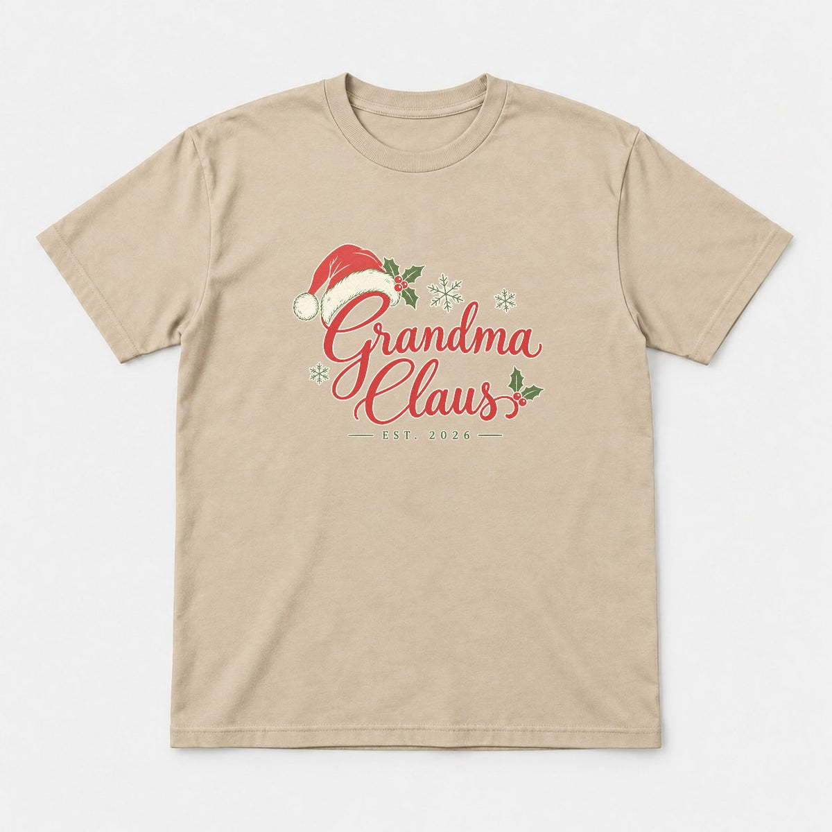 Grandma Claus Santa Hat Holly Christmas Graphic T-Shirt & Sweatshirt - Tshirt Sand Front