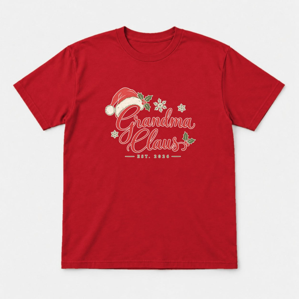 Grandma Claus Santa Hat Holly Christmas Graphic T-Shirt & Sweatshirt - Tshirt Red Front