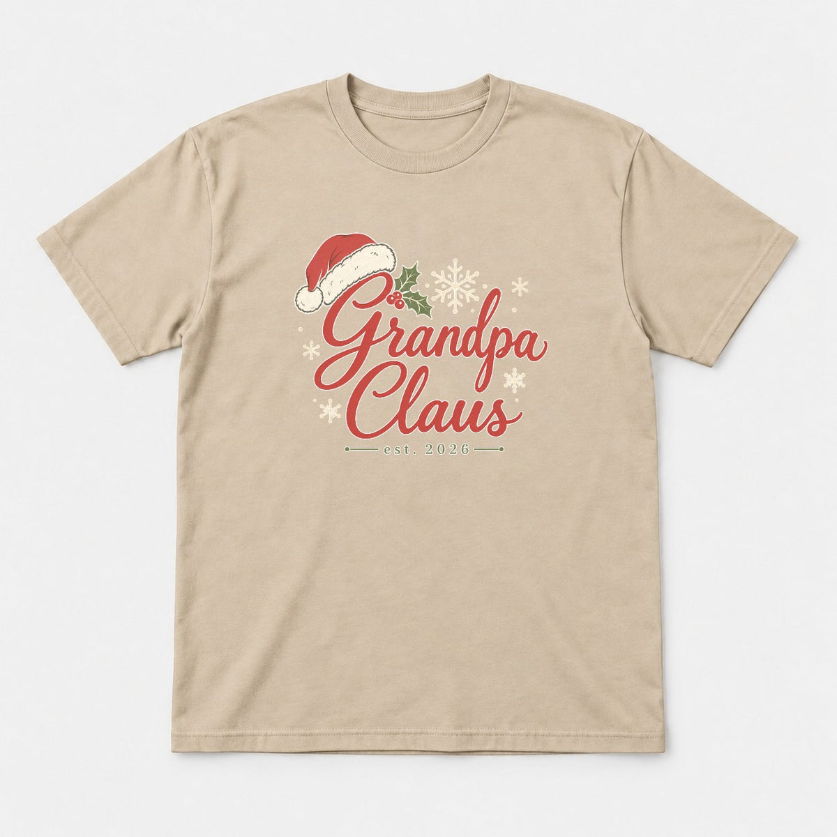 Grandpa Claus Est. 2026 Christmas Santa Hat Graphic T-Shirt & Sweatshirt - Tshirt Sand Front
