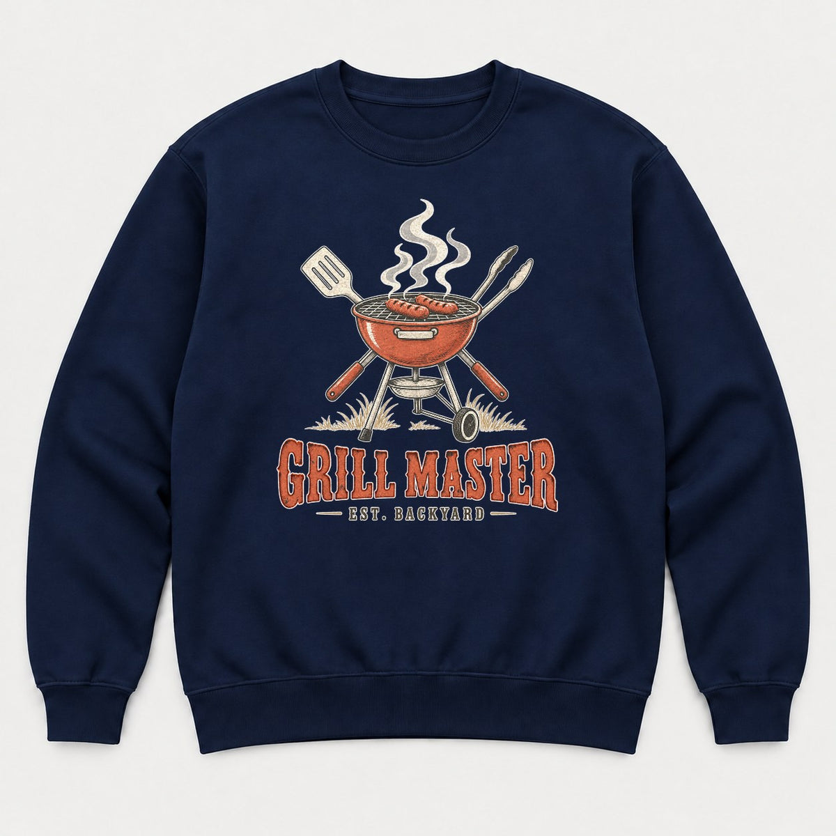 Grill Master Est. Backyard Retro BBQ Graphic T-Shirt & Sweatshirt - Sweatshirt Navy Front