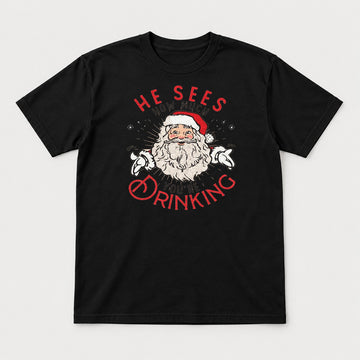 He Sees How Much You're Drinking Retro Santa Christmas Graphic T-Shirt & Sweatshirt - Tshirt Black Front