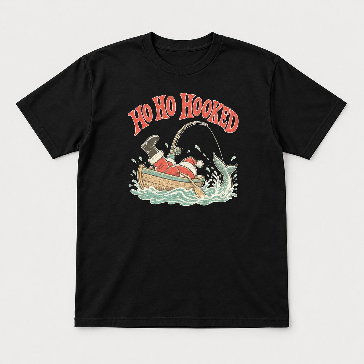 Ho Ho Hooked Retro Fishing Santa Graphic T-Shirt & Sweatshirt - Tshirt Black Front
