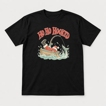 Ho Ho Hooked Retro Fishing Santa Graphic T-Shirt & Sweatshirt - Tshirt Black Front