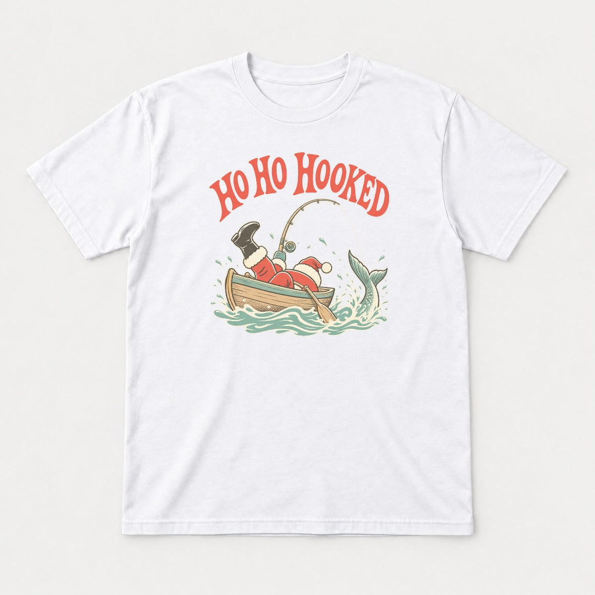 Ho Ho Hooked Retro Fishing Santa Graphic T-Shirt & Sweatshirt - Tshirt White Front