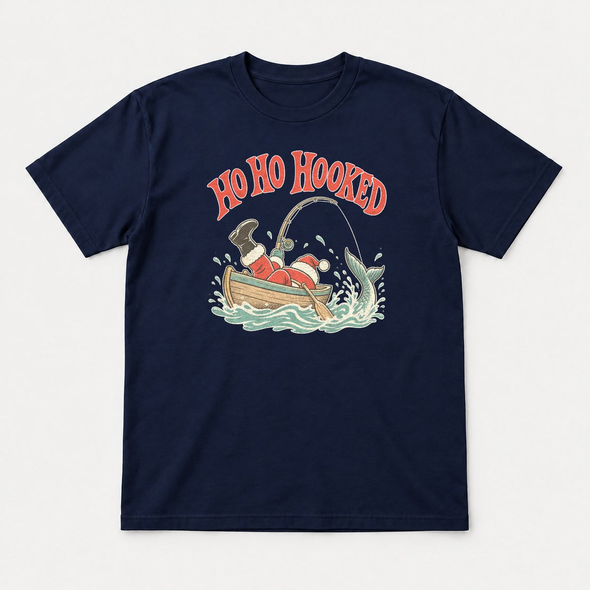 Ho Ho Hooked Retro Fishing Santa Graphic T-Shirt & Sweatshirt - Tshirt Navy Front
