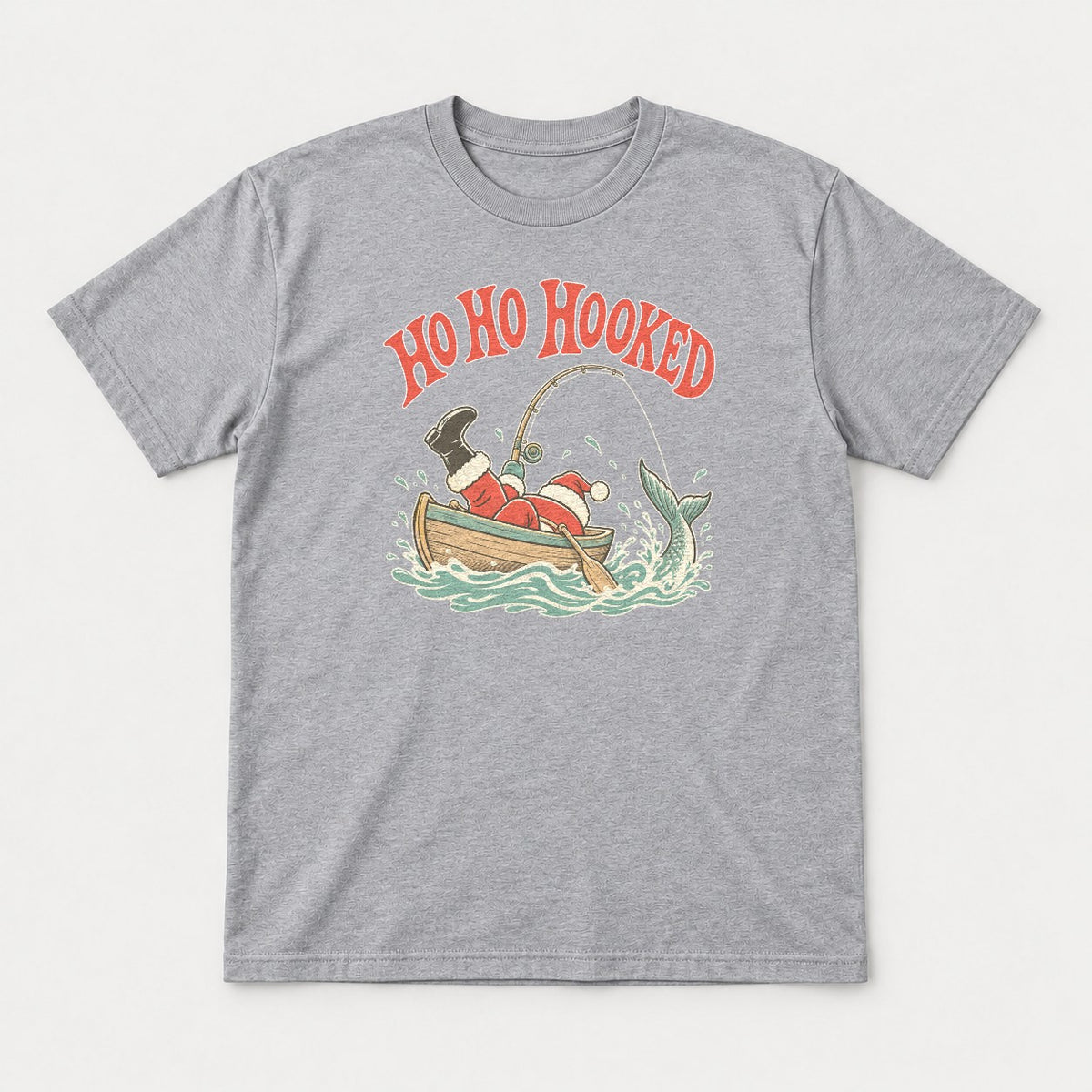 Ho Ho Hooked Retro Fishing Santa Graphic T-Shirt & Sweatshirt - Tshirt Sport Grey Front