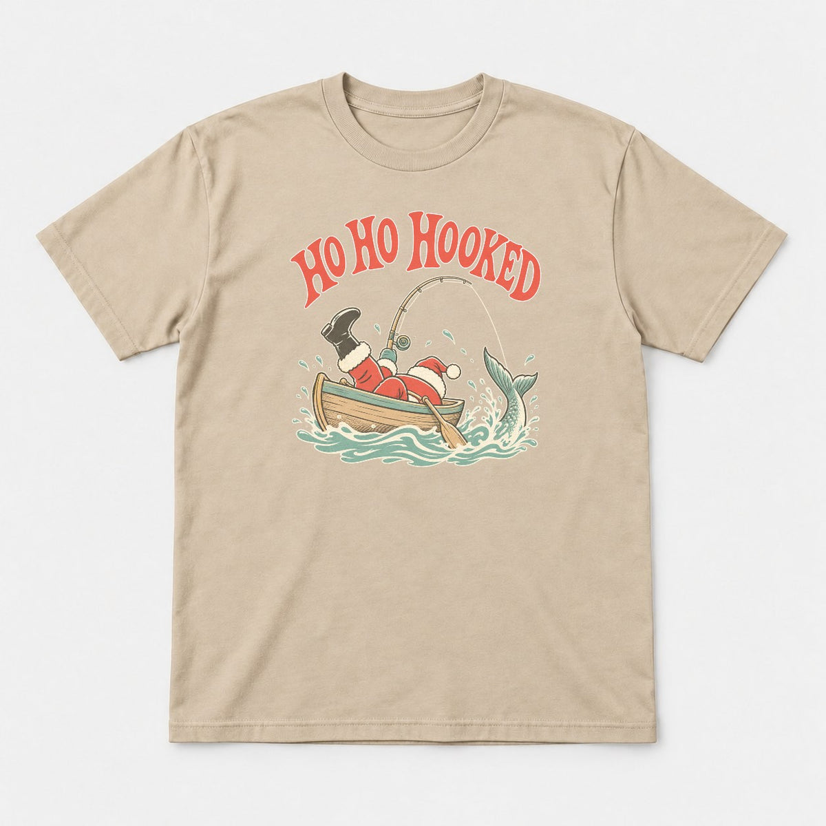 Ho Ho Hooked Retro Fishing Santa Graphic T-Shirt & Sweatshirt - Tshirt Sand Front
