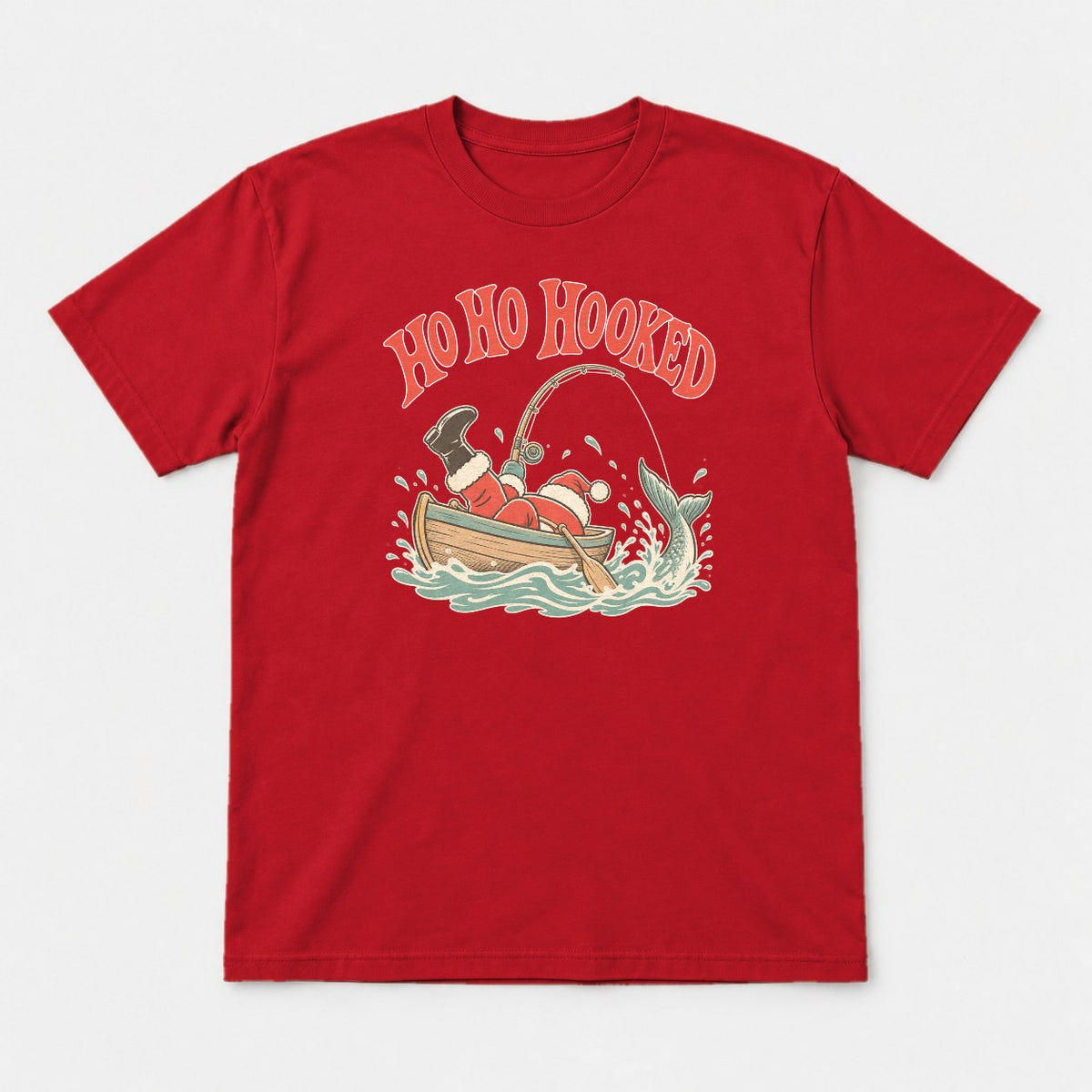 Ho Ho Hooked Retro Fishing Santa Graphic T-Shirt & Sweatshirt - Tshirt Red Front