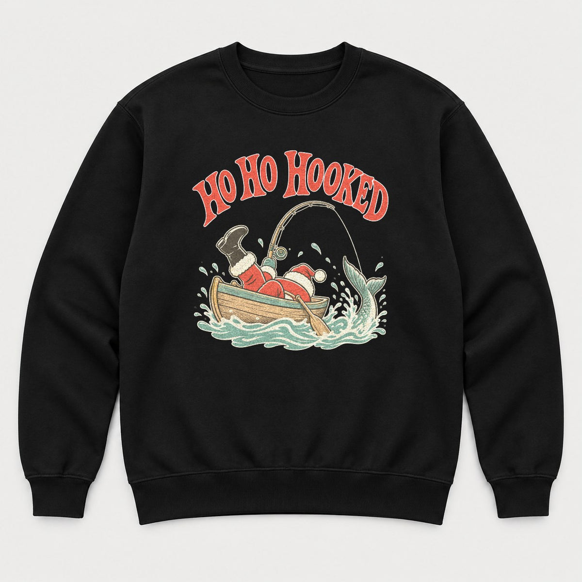 Ho Ho Hooked Retro Fishing Santa Graphic T-Shirt & Sweatshirt - Sweatshirt Black Front