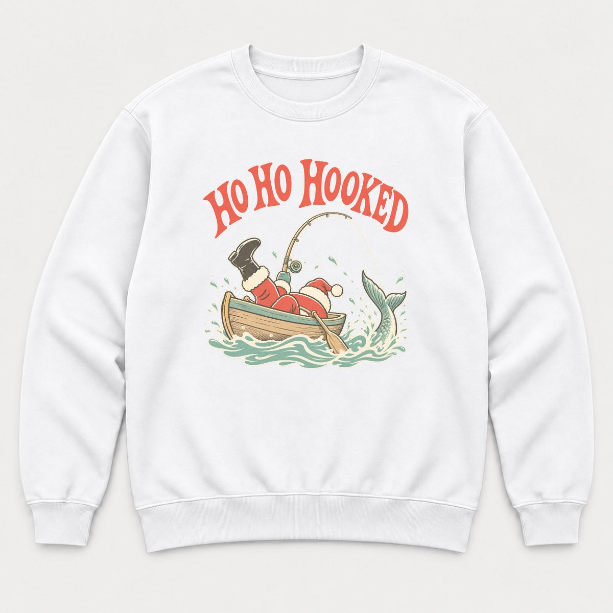 Ho Ho Hooked Retro Fishing Santa Graphic T-Shirt & Sweatshirt - Sweatshirt White Front