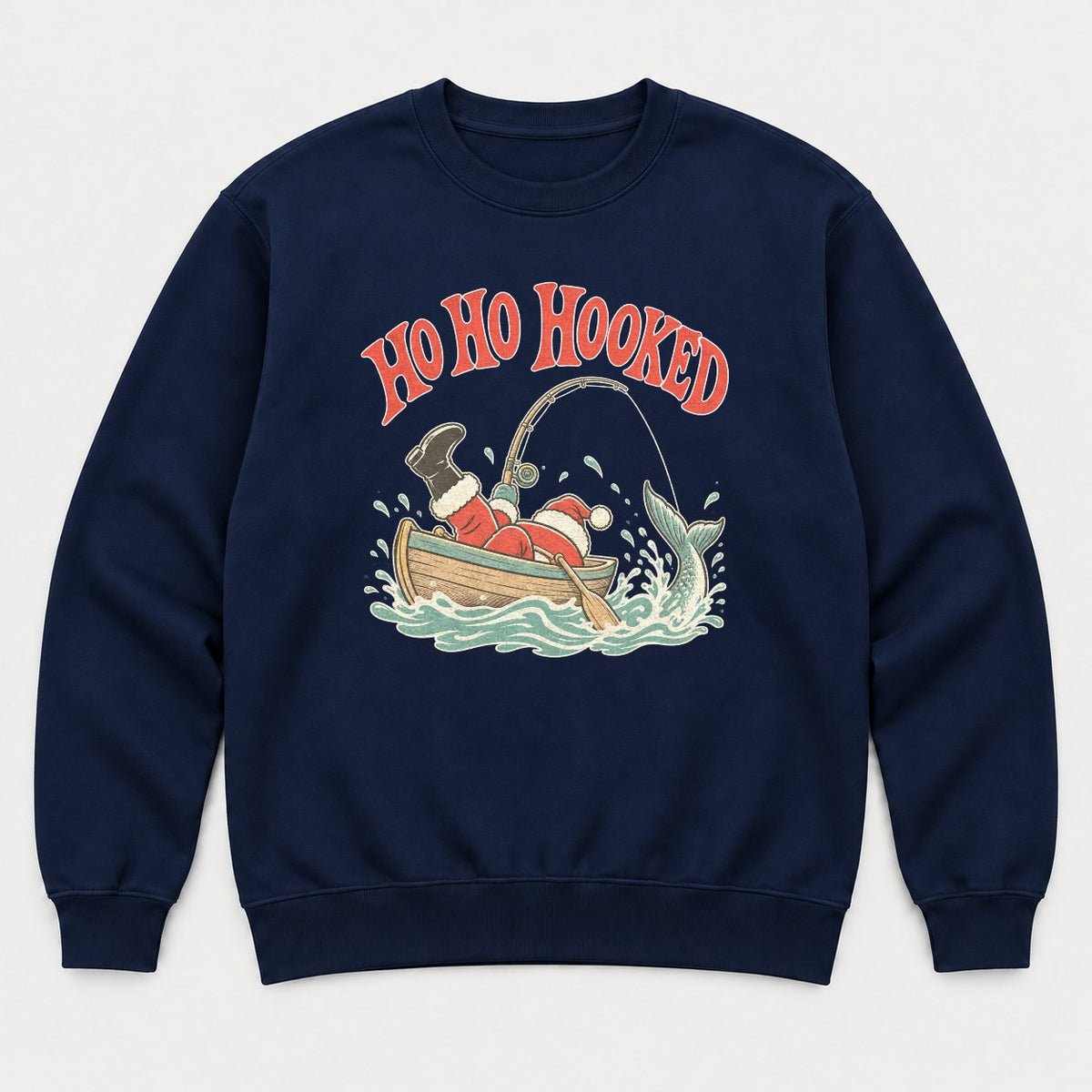 Ho Ho Hooked Retro Fishing Santa Graphic T-Shirt & Sweatshirt - Sweatshirt Navy Front