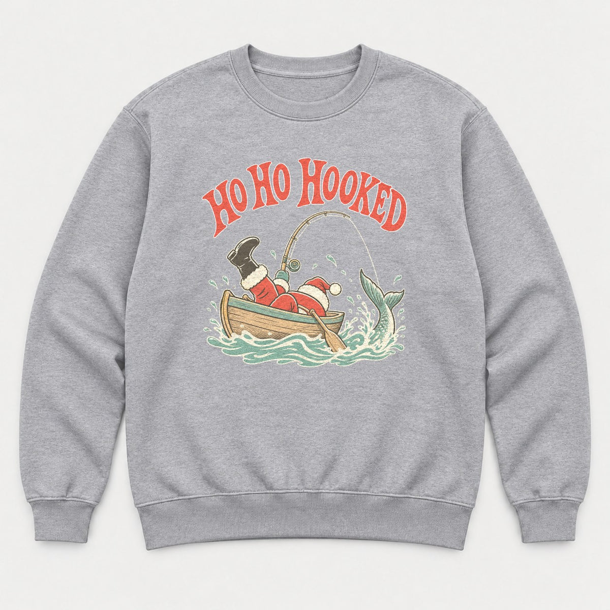 Ho Ho Hooked Retro Fishing Santa Graphic T-Shirt & Sweatshirt - Sweatshirt Sport Grey Front