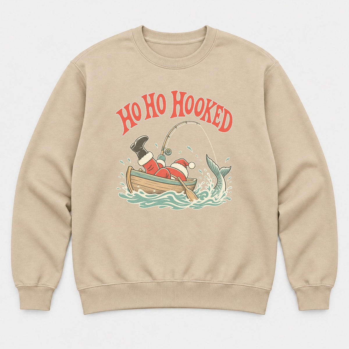 Ho Ho Hooked Retro Fishing Santa Graphic T-Shirt & Sweatshirt - Sweatshirt Sand Front