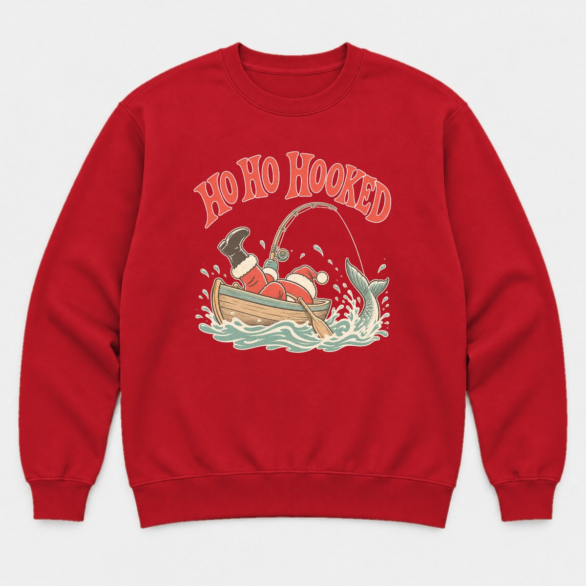 Ho Ho Hooked Retro Fishing Santa Graphic T-Shirt & Sweatshirt - Sweatshirt Red Front