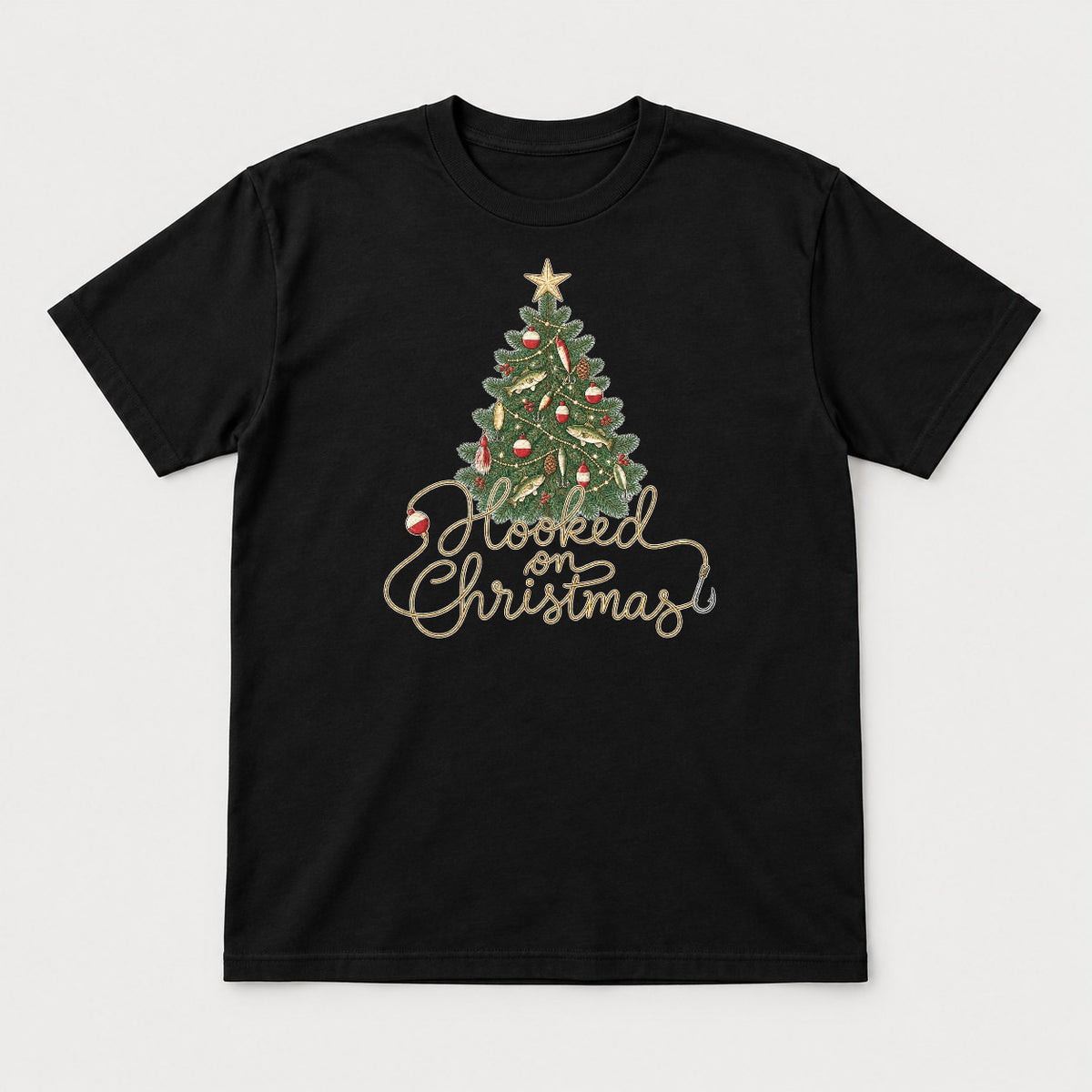 Hooked on Christmas Fishing Christmas Tree Graphic T-Shirt & Sweatshirt - Tshirt Black Front