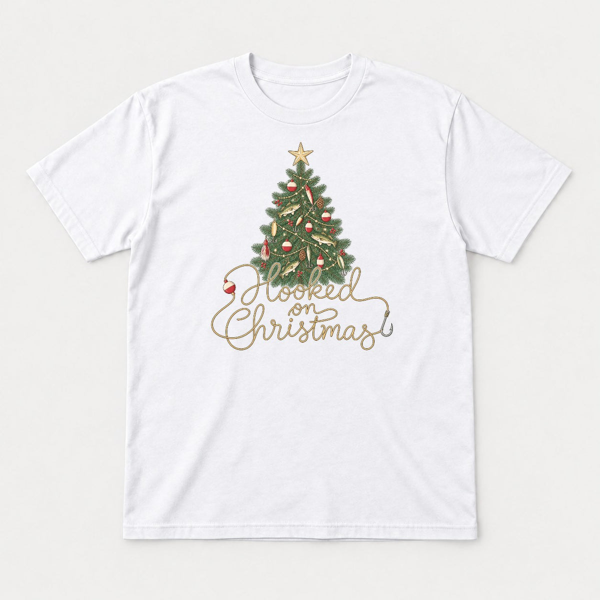 Hooked on Christmas Fishing Christmas Tree Graphic T-Shirt & Sweatshirt - Tshirt White Front