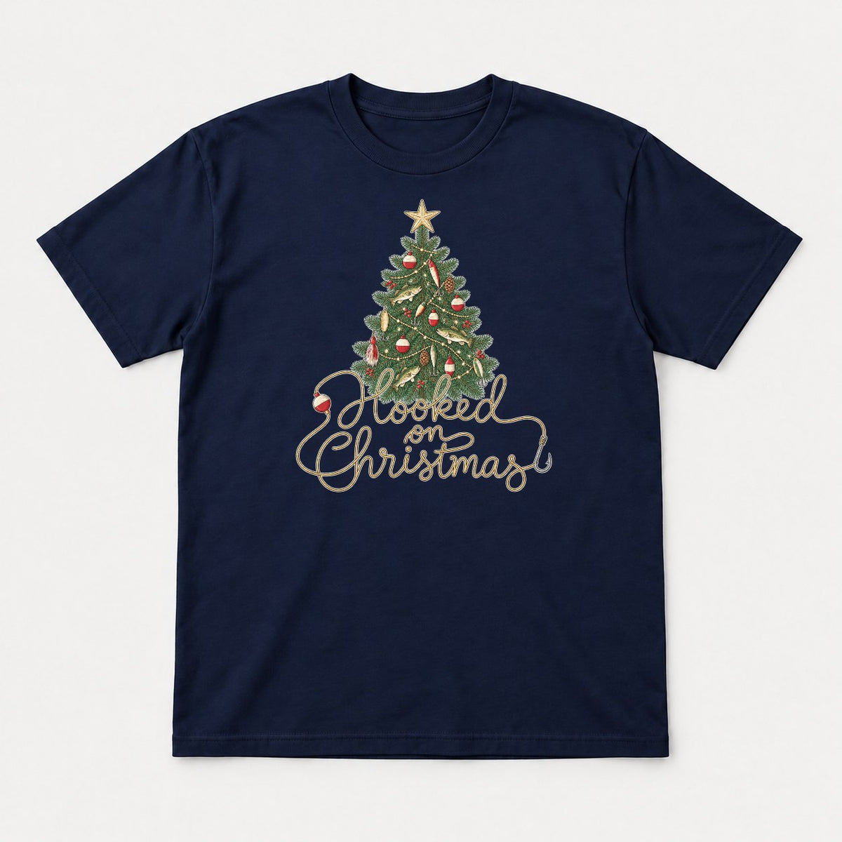 Hooked on Christmas Fishing Christmas Tree Graphic T-Shirt & Sweatshirt - Tshirt Navy Front
