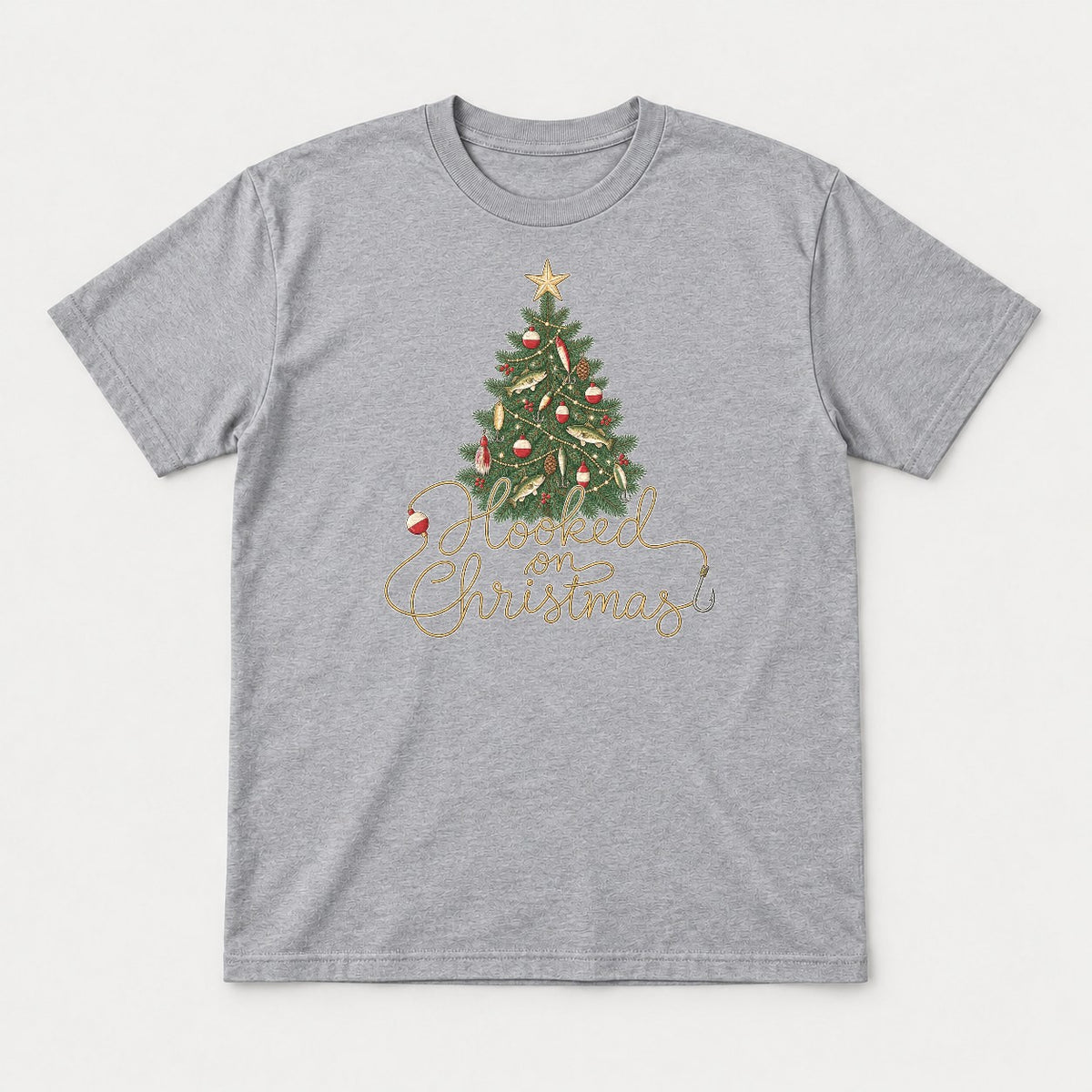 Hooked on Christmas Fishing Christmas Tree Graphic T-Shirt & Sweatshirt - Tshirt Sport Grey Front