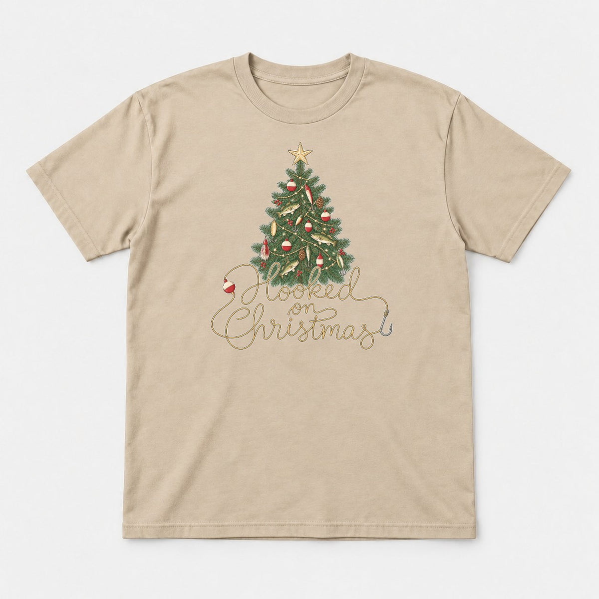 Hooked on Christmas Fishing Christmas Tree Graphic T-Shirt & Sweatshirt - Tshirt Sand Front