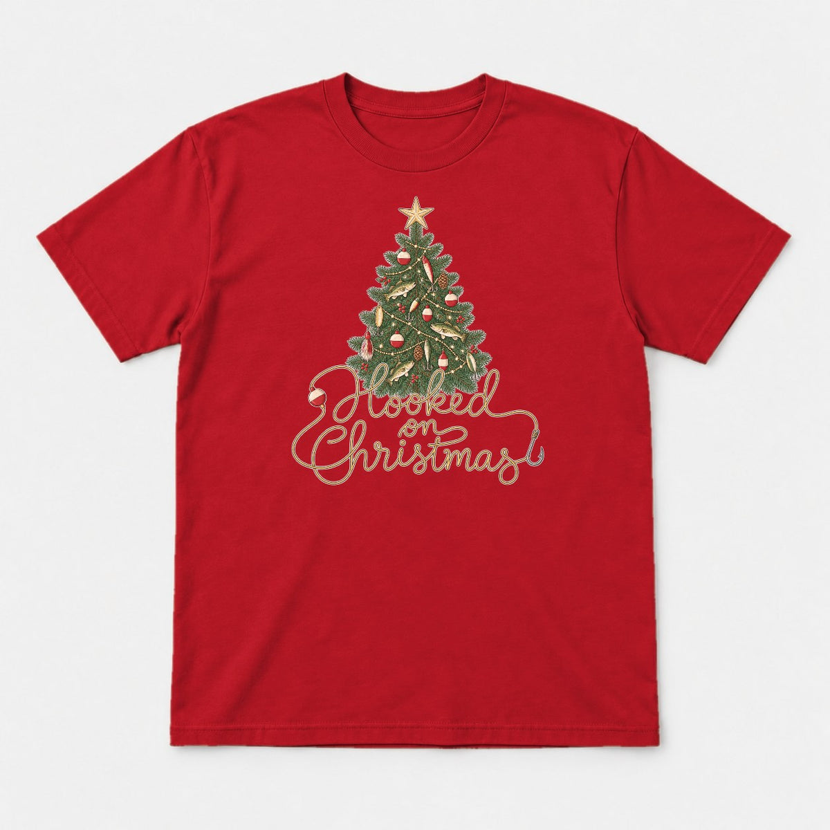 Hooked on Christmas Fishing Christmas Tree Graphic T-Shirt & Sweatshirt - Tshirt Red Front