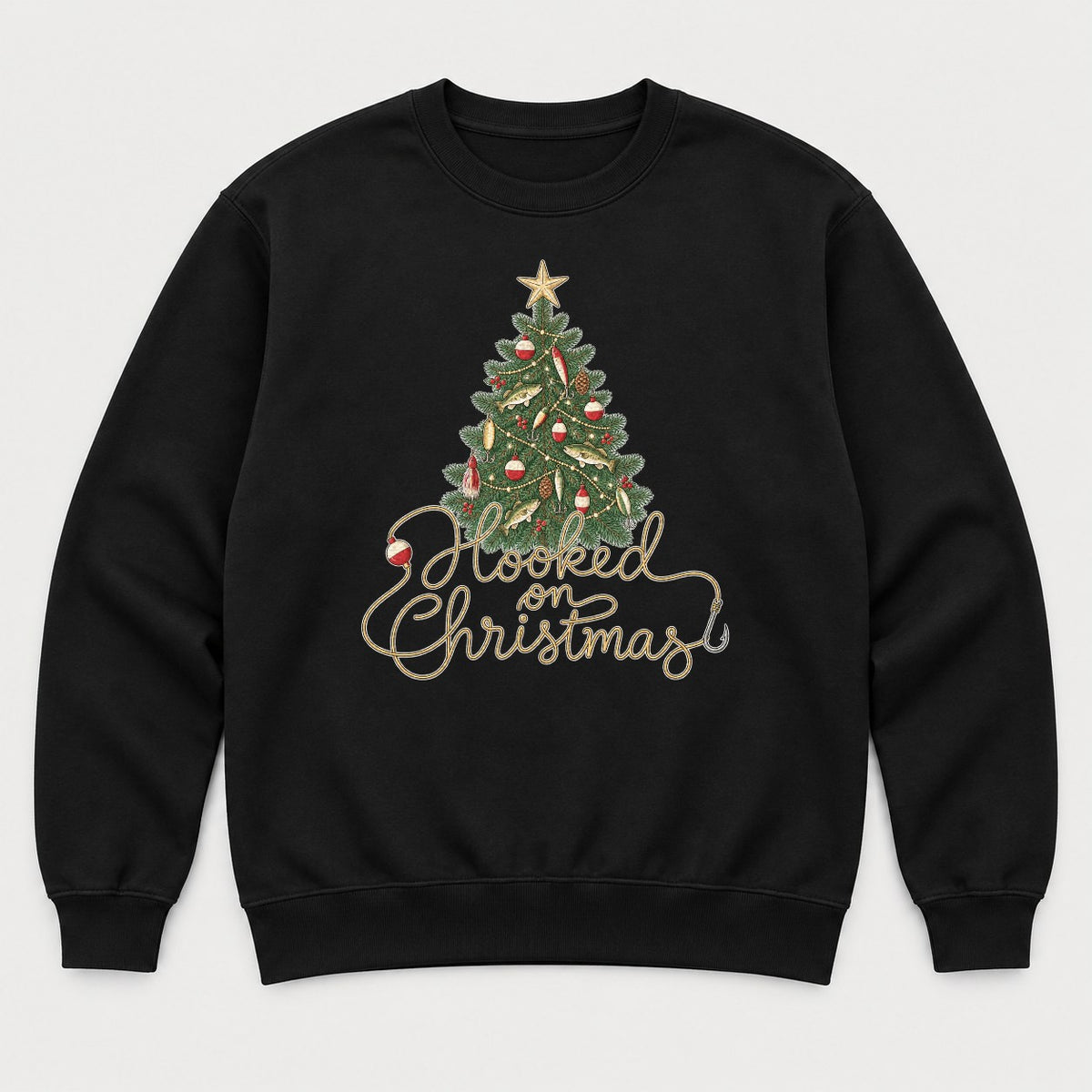 Hooked on Christmas Fishing Christmas Tree Graphic T-Shirt & Sweatshirt - Sweatshirt Black Front