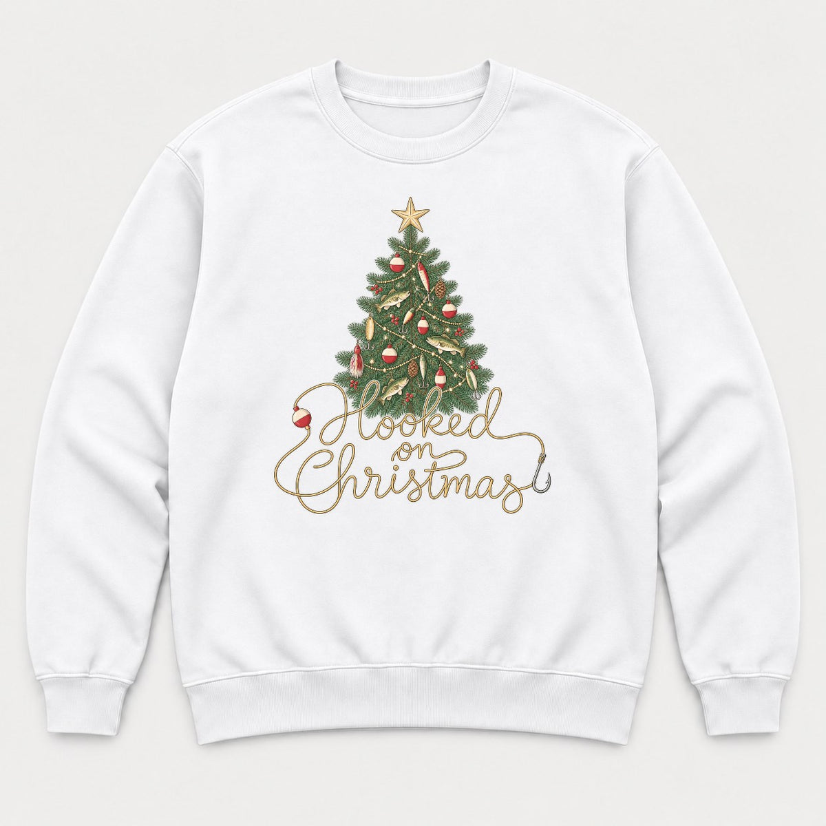 Hooked on Christmas Fishing Christmas Tree Graphic T-Shirt & Sweatshirt - Sweatshirt White Front