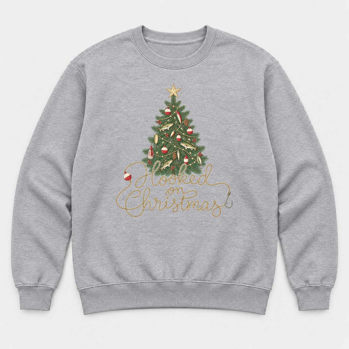 Hooked on Christmas Fishing Christmas Tree Graphic T-Shirt & Sweatshirt - Sweatshirt Sport Grey Front