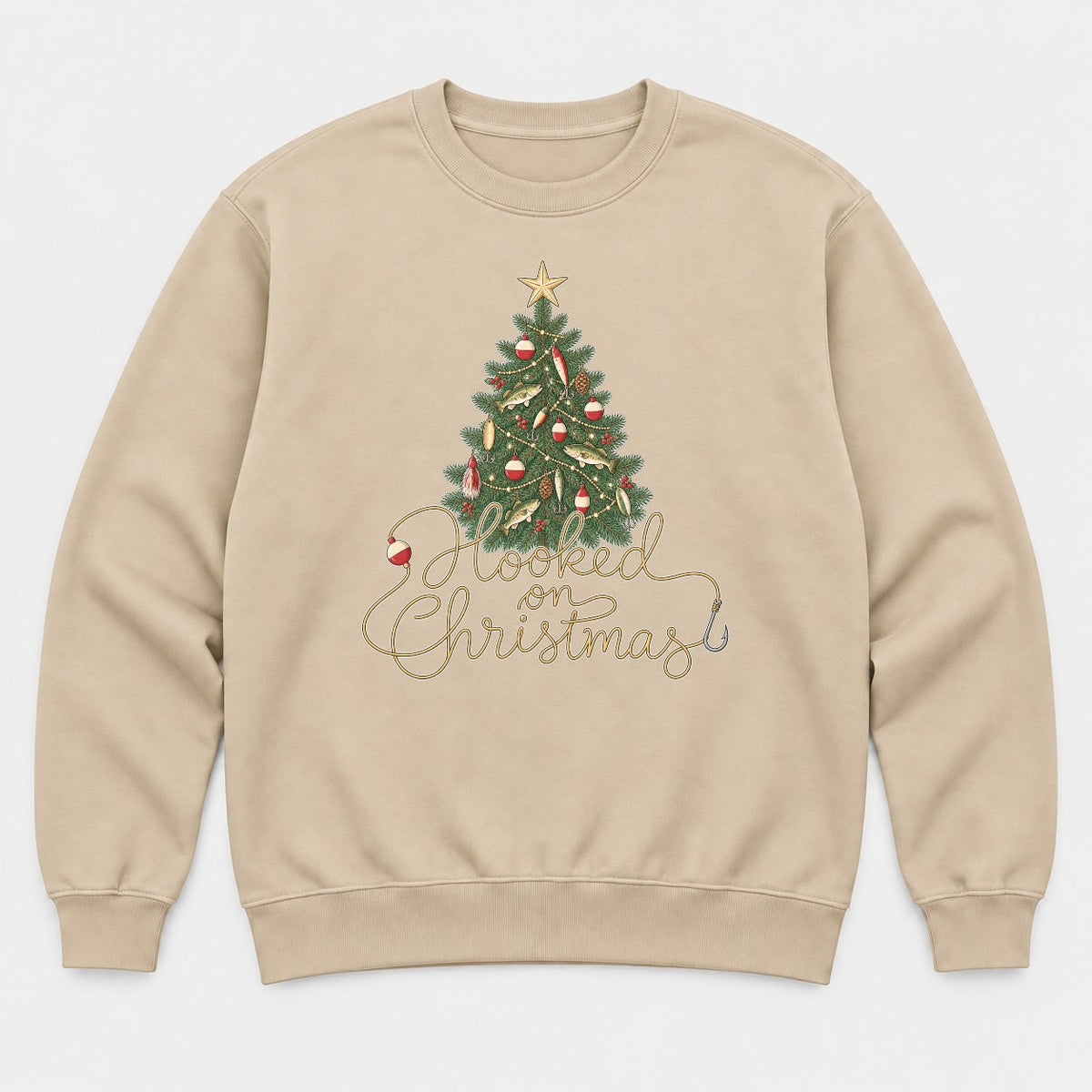 Hooked on Christmas Fishing Christmas Tree Graphic T-Shirt & Sweatshirt - Sweatshirt Sand Front