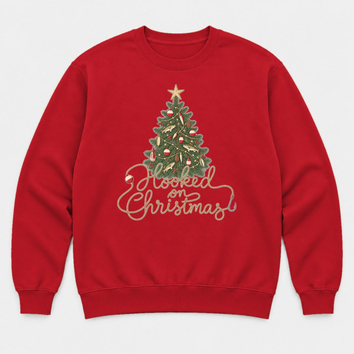 Hooked on Christmas Fishing Christmas Tree Graphic T-Shirt & Sweatshirt - Sweatshirt Red Front