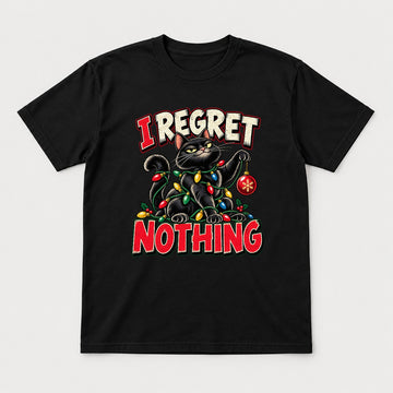 I Regret Nothing Christmas Lights Black Cat Graphic T-Shirt & Sweatshirt - Tshirt Black Front