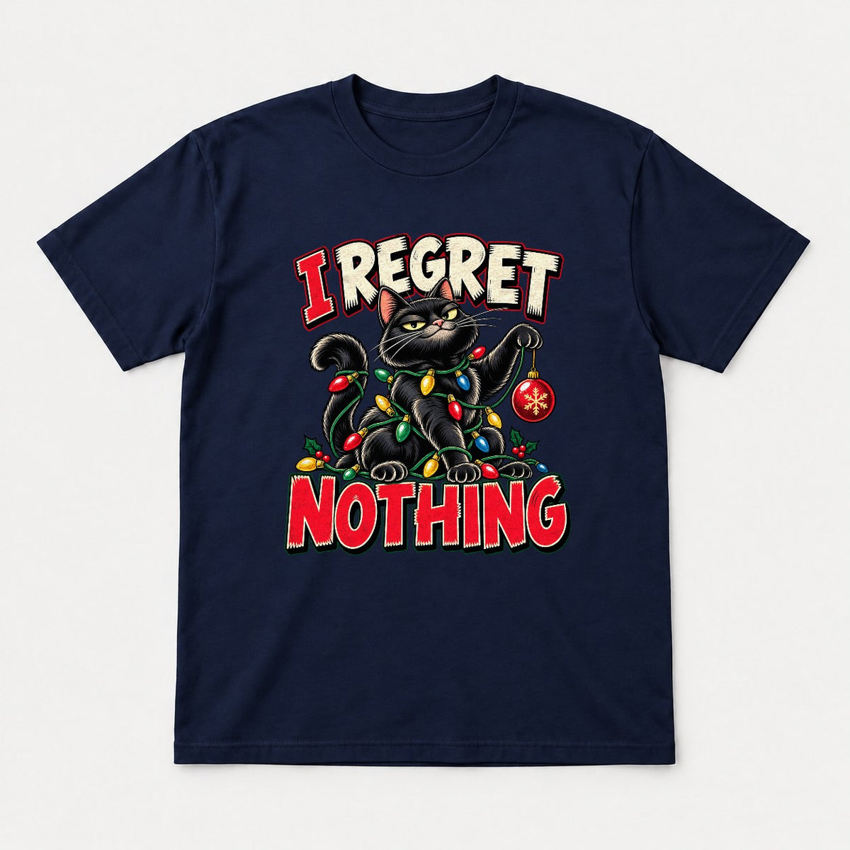 I Regret Nothing Christmas Lights Black Cat Graphic T-Shirt & Sweatshirt - Tshirt Navy Front