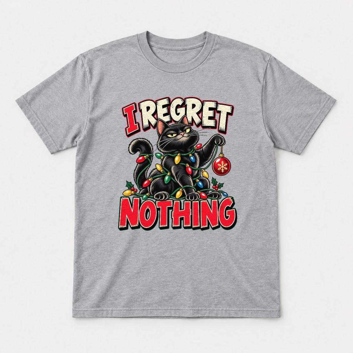 I Regret Nothing Christmas Lights Black Cat Graphic T-Shirt & Sweatshirt - Tshirt Sport Grey Front