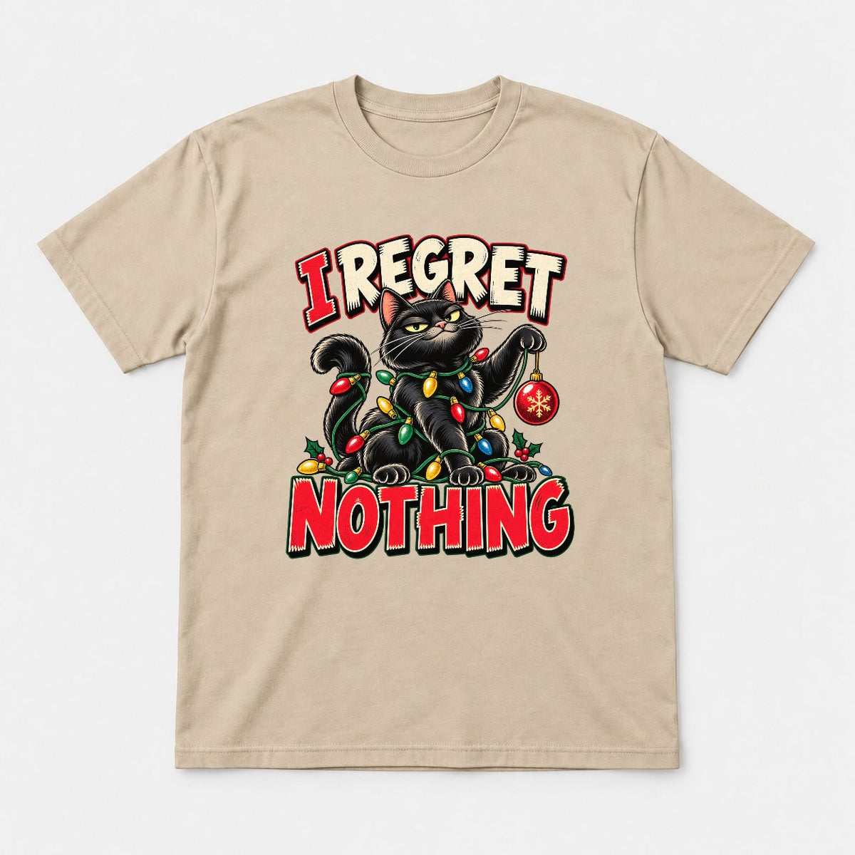 I Regret Nothing Christmas Lights Black Cat Graphic T-Shirt & Sweatshirt - Tshirt Sand Front